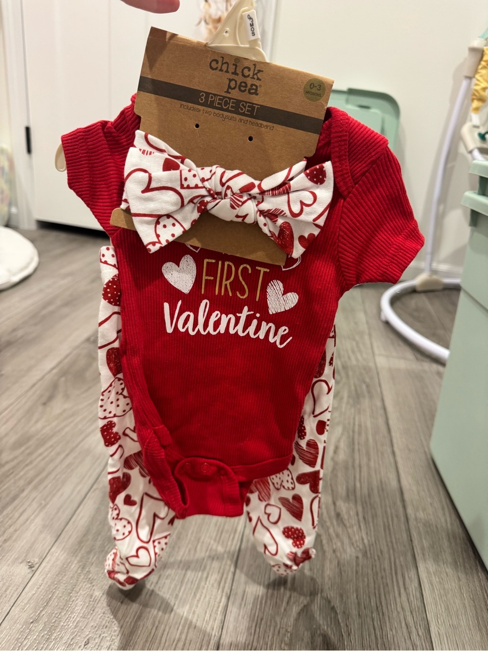 chick pea Red "First Valentine" Baby 3-Piece Outfit with Heart Print